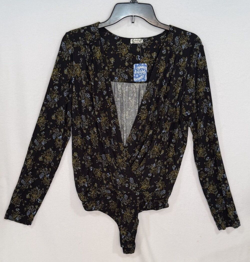 Free People bodysuit Womens XL Long Sleeve Floral V Neck night combo NWT